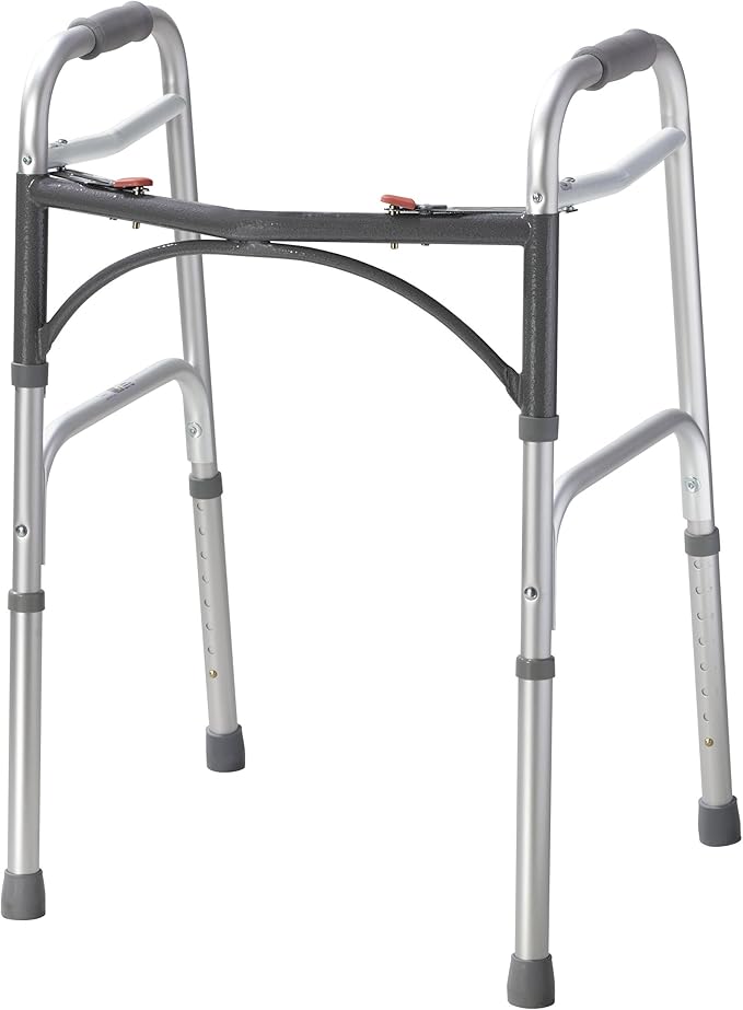 Drive Medical 2-Button Standard Foldable Walker for Seniors & Adults - Adjustable Legs - Lightweight Aluminum Construction - 350 Lb Weight Capacity - Basic Walking Aid - Silver