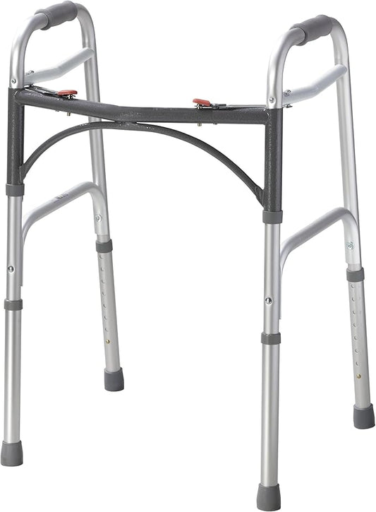 Drive Medical 2-Button Standard Foldable Walker for Seniors & Adults - Adjustable Legs - Lightweight Aluminum Construction - 350 Lb Weight Capacity - Basic Walking Aid - Silver
