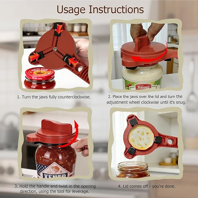4-in-1 Jar Opener, Adjustable Jar Opener for Seniors, Kitchen Tool Designed Specifically for Seniors and Those with Limited Physical Strength, Suitable For Beer, Salad Dressing, Jar (Red)