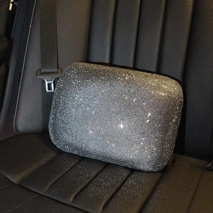 Carwales Lumbar Support Pillow Summer Decorative for Car Soft Bling Accessories Sparkly Diamond Rhinestone for Women Girls, Universal Office Chair Lower Back Cushion Rubber Black