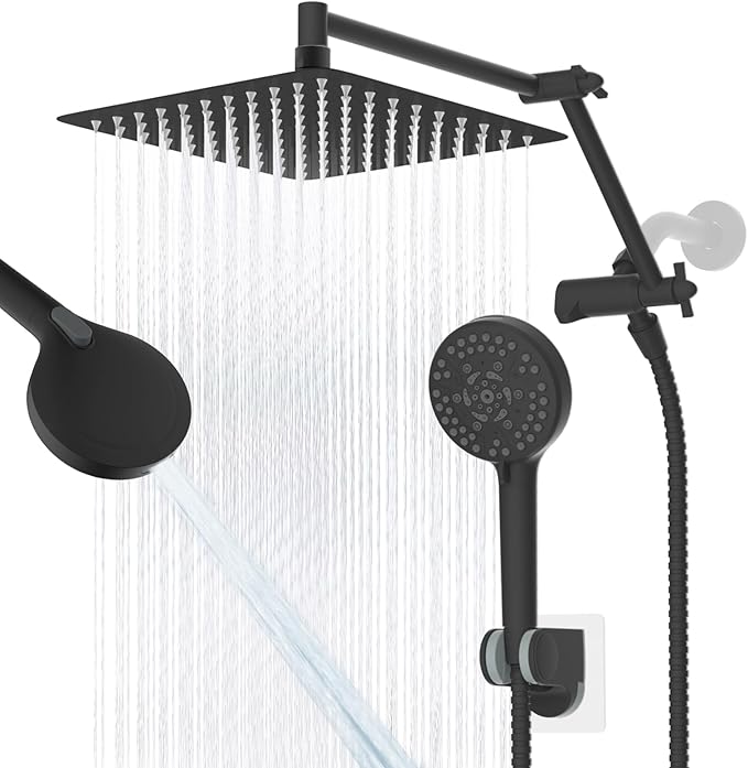 All Metal Rain Shower Head, 10” High Pressure Rainfall Shower Head with Handheld, 5" Large Handheld Showerhead Powerful Cleaning 10-Spray, 16" Shower Extension Arm Adjustable Height/Angle, Matte Black