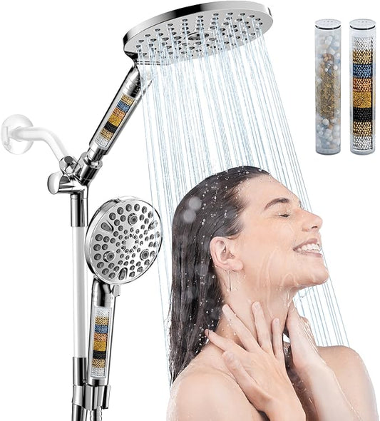 HOWUWEY Filtered Dual Shower Head with Handheld Spray Combo for Hard Water, 7.5-inch Modern High Pressure Shower Head with 9-mode Handheld and Filter, 79-inch Hose (Filtered, Chrome)