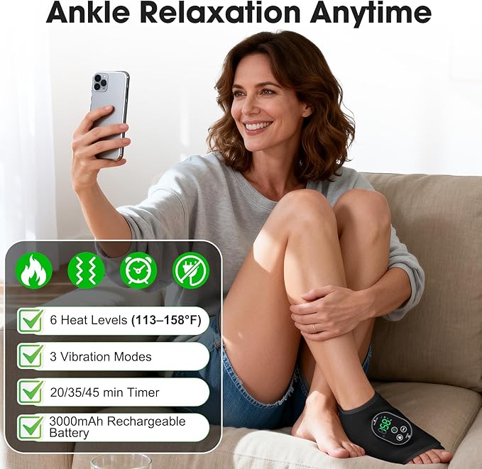 DeMoce Cordless Ankle Massager for Pain Relief, Ankle Heating Pad with Massage, HSA Eligible FSA, Foot and Ankle Massager, Foot Massager with Heat, 6 Heat Levels, 3 Vibration Modes, Single One, Black
