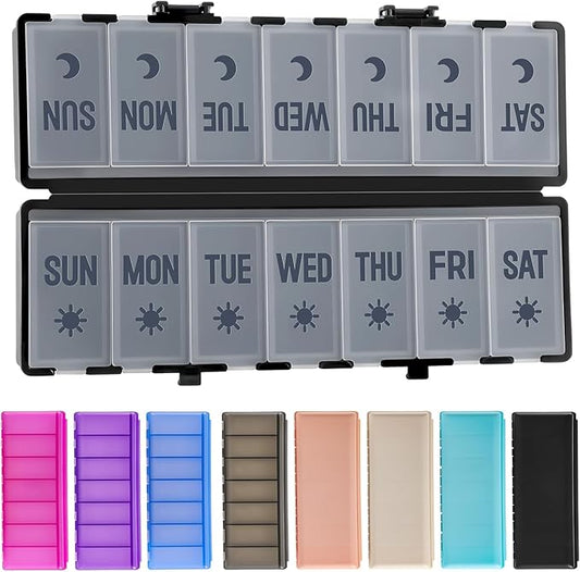 Foldable Pill Organizer 2 Times a Day w/Etched Labels -Dual Protection & Portable Weekly AM PM Pill Box, 7 Day Medicine Container, Large Travel Pill Case for Week Daily Supplement Vitamin - Black