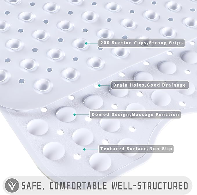 Yimobra Non Slip Bathtub Mat 40 x 16 Inch, Extra Long Shower Mat with Drain Holes, Machine Washable Baby Bath Mats, Strong Suction Cups for Bathroom Floor, Snow, One-Piece