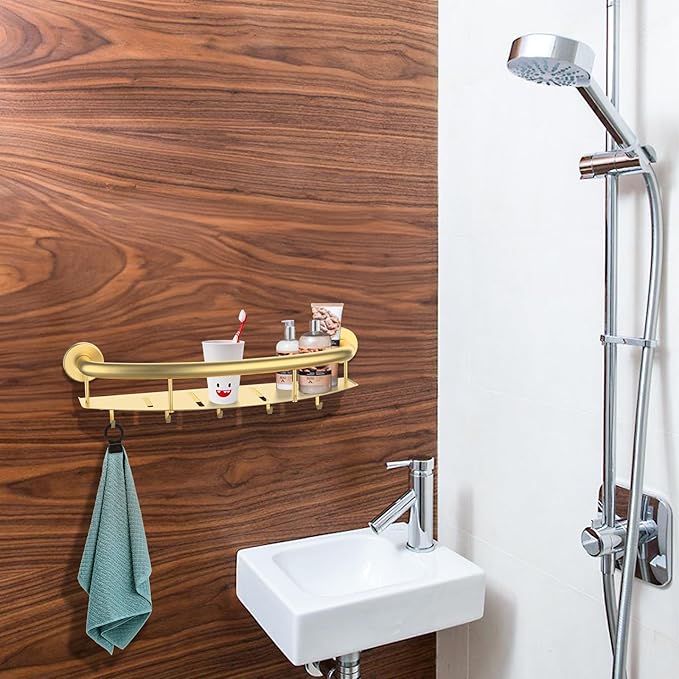 Gold 18-inch Safety Grab Bar with Storage Shelf for Bathtub or Shower, Drainage Holes, Stainless Steel, Wall Mounted Grab Bars for Elderly Injured Balance Support
