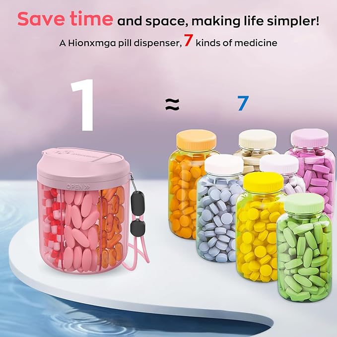 Hionxmga Pill Dispenser with 7 Large Compartments, Pill Bottle Organizer for Travel, Supplement Organizer with Anti-Mixing Design, Pink