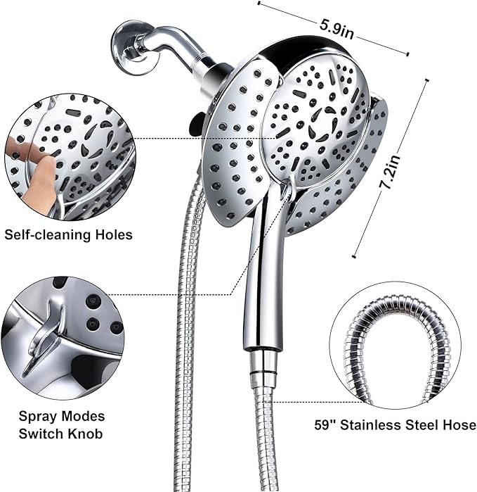 GRICH Dual Shower Head with Handheld: 2 IN 1 High Pressure Handheld Shower Head & Rainfall Shower Head, 9 Spray Modes/Settings Detachable Shower Head with Hose, cUPC and CEC Certification Approved