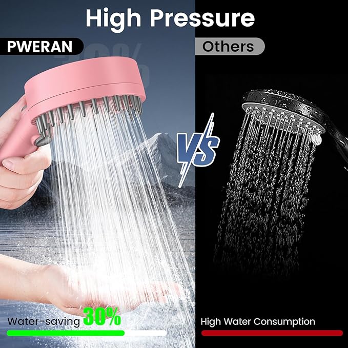 PWERAN Filtered Shower Head with Handheld, High Pressure 4 Spray Mode Showerhead with Filters, Water Softener Beads for Hard Water with ON/OFF Switch for Pets - Remove Chlorine (Pink, 5 Inch Panel)