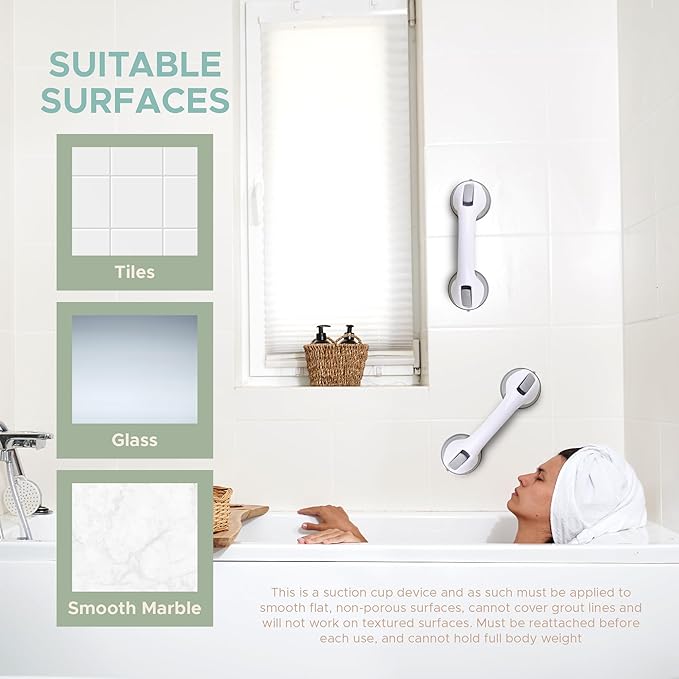 Grab Bars for Bathtubs and Showers, Heavy Duty Shower Handle 2 Pack 12 Inch for Elderly Assistance Products Seniors Suction Cup Removable Handrails Handicap Bath Grip Bathroom Safety Grips No Drilling
