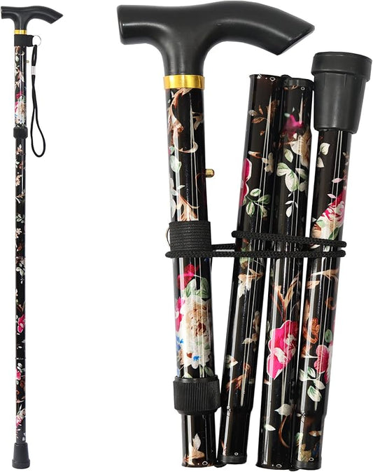 Folding Cane, 5-Level Adjustable Height Lightweight Portable Foldable Walking Canes with Wrist Strap and T Handle for Men Women Seniors
