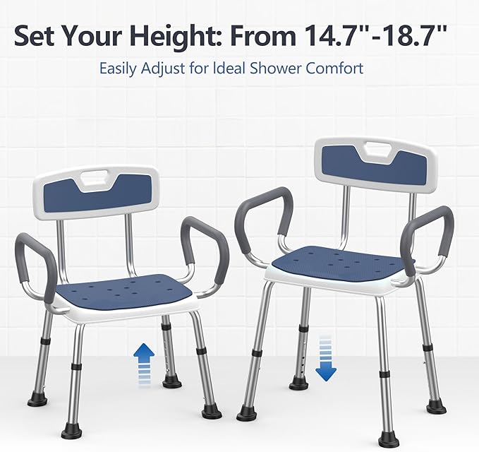 Shower Chair for Elderly and Disabled (450 lbs) Adjustable Height Shower Seat for Inside Shower with Padded Wide Arms & Back, Heavy Duty Medical Bathtub Stool for Women Seniors Handicap