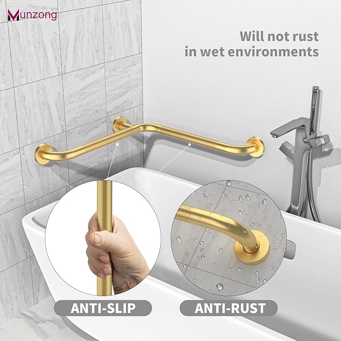 Shower Grab Bar, 16 Inch Angled Munzong Anti Slip Gold Bathroom Grab Bar, L-Shaped Knurled Balance Bar, Safety Hand Rail Support Injury Senior Assist Bath Handle Handicap Elderly