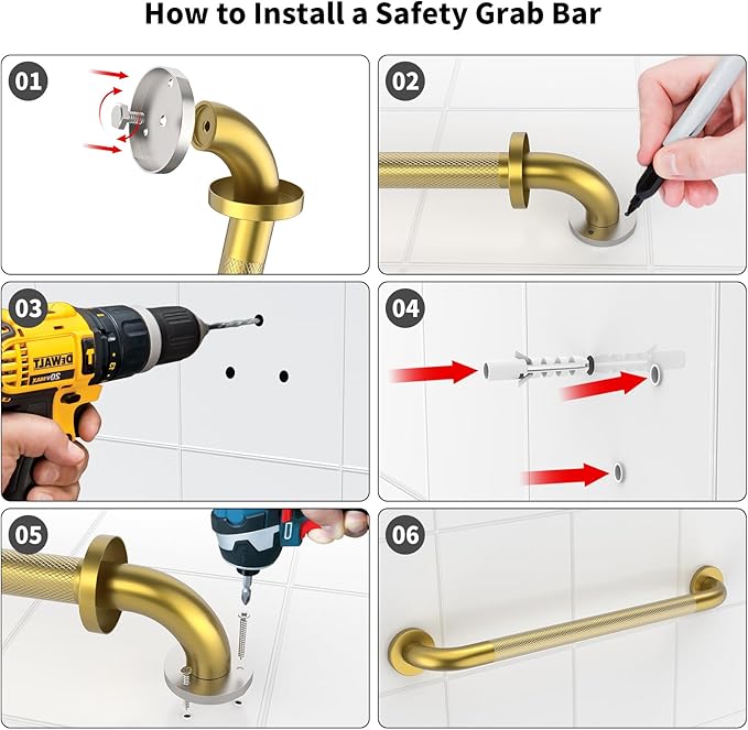Brushed Gold Grab Bar 24 Inch, iHansee Anti-Slip Bathroom Grab Bar w/Knurled Grip, Stainless Steel Safety Handrail for Toilet Bathtub, Wall Mounted Shower Handle Handicap Bars for Senior Elderly