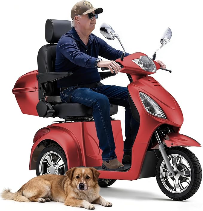 Super Large Electric 4 Wheel Mobility Scooters, Heavy Duty 800W Wheelchair Device, 25 Miles Long Range, All Terrain Mobility Scooter，Speed Adjust, Remote Key,Receive Ready to Ride (3 Wheel -red)