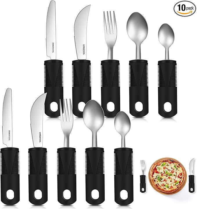 Uiifan 2 Set (10 Pcs) Adaptive Utensils for Hand Tremors, Elderly, Arthritis, Parkinsons Stainless Steel Easy Grip Handles Non Weighted Built up Utensils for Adults Hands Tremors Elderly, Black