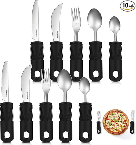 Uiifan 2 Set (10 Pcs) Adaptive Utensils for Hand Tremors, Elderly, Arthritis, Parkinsons Stainless Steel Easy Grip Handles Non Weighted Built up Utensils for Adults Hands Tremors Elderly, Black