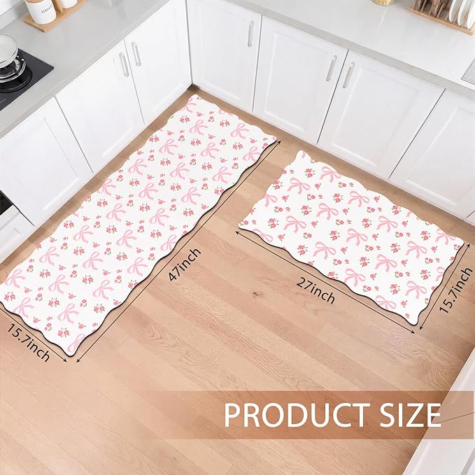 2 Pcs Pink Kitchen Rugs and Mats Set Coquette Bow Floral Non-Slip Waterproof Floor Mats, 47"x16.5" & 30"x16.5" Pink Decor Rugs for Kitchen Sink, Laundry Room Standing, Machine Washable