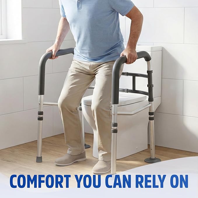 Toilet Safety Rails for Seniors 350lb, Adjustable Height & Width Toilet Bars for Elderly | Foldable Non-Slip Handicapped Toilet Safety Frame, Reinforced 2 C-Clamp Stability – Fits Most Toilets