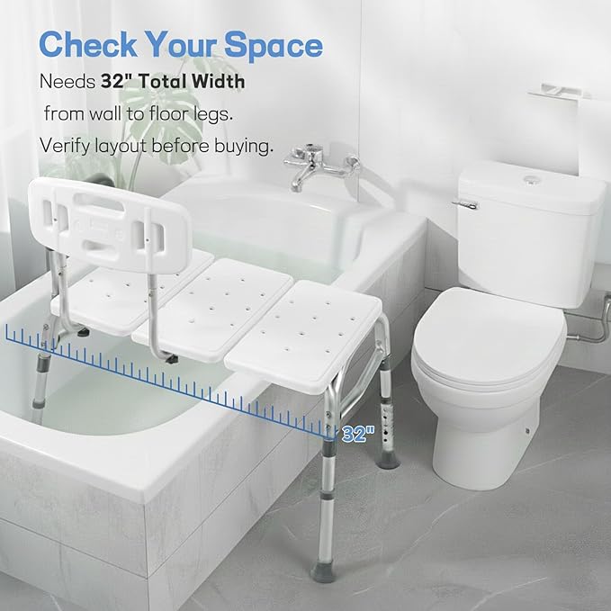 Tub Transfer Bench for Bathtub, Height Adjustable Shower Bench with Backrest, Shower Chair Bath Seat for Elderly, Seniors, Arm Support for Transfer