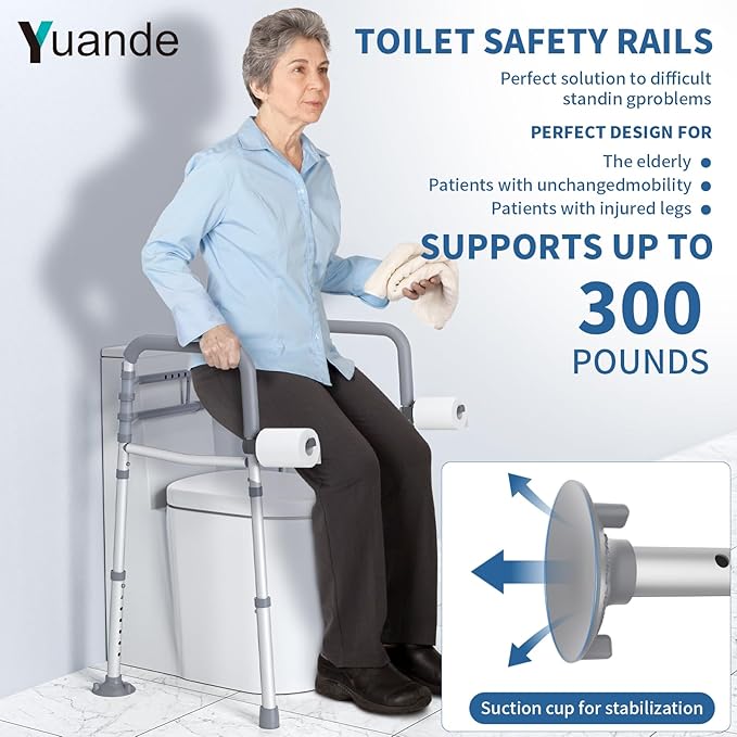 Toilet Safety Rails, YuanDe Foldable Handicap Toilet Rails with Handles Fit Any Toilets, Adjustable Toilet Safety Frame for Seniors, Elderly, Handicap & Disabled (300 LB)