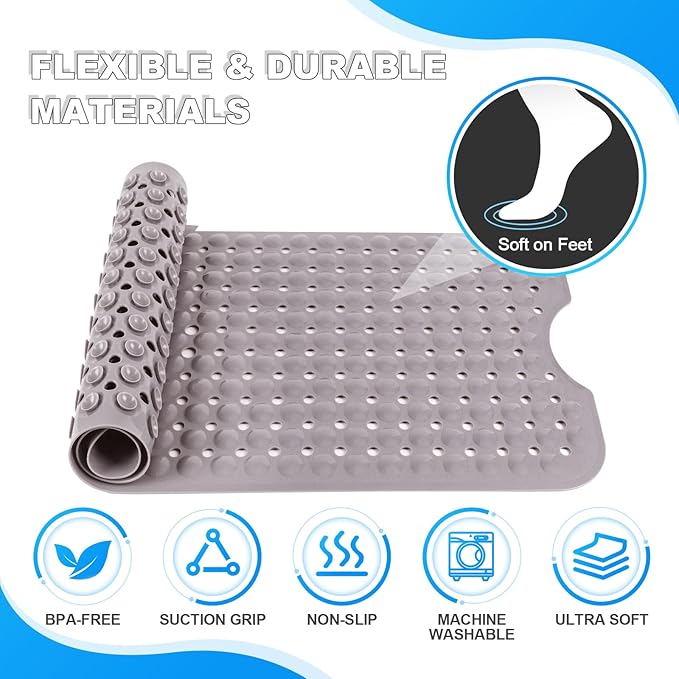 Linoows Bathtub and Shower Mats, 40x16 Inch Extra Large Non Slip Soft Bath Tub Mat with Suction Cups and Drain Holes for Bathroom Floor and Keep Tubs Clean, Machine Washable, Tan