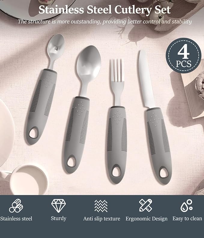 Adaptive Utensils 4-Piece Set – Weighted Utensils for Parkinson’s & Hand Tremors, Built-Up Non-Slip Handles, Arthritis Silverware for Elderly & Seniors, Stainless Steel Flatware