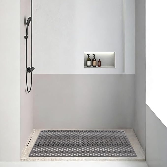 Square Shower Mat Non Slip, 27" x 27" Large Shower Mats for Inside Shower, Soft TPE Shower Floor Mat with Suction Cups and Big Drain Holes, Anti Slip Shower Stall Matt, Grey