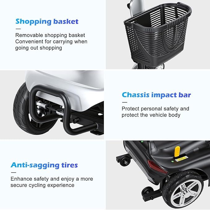 4-Wheel Foldable Electric Scooter for Adults | Long Range Mobility Scooter with Basket, Charger & Compact Heavy Duty Mobile for Travel with 330lb Capacity, Outdoor Use (Silver)