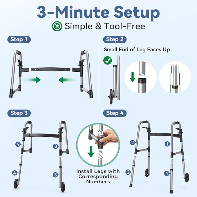 Loyoda Folding Walker with 2 Skis and 5" Wheels, Lightweight Walkers for Seniors and Adults, Supports Up to 350 Pounds, Adjustable Height, Compact Standard Walker, Black