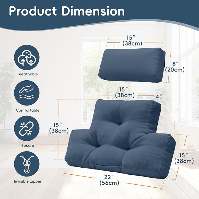 Neck Pillow Lumbar Support for Recliner, Soft and Fluffy Back Support Cushion for Chair with Adjustable Headrest Pillow, Back Rest Pillow for Office Chairs, Recliners, Couch Pain Relief Navy Blue