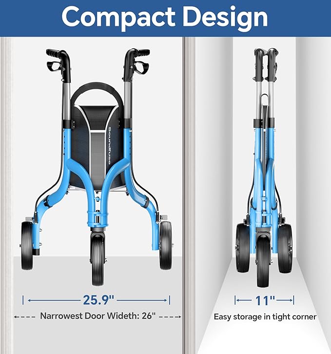 SOUNDFUSE 3 Wheel Walkers for Seniors, Lightweight Foldable Aluminum Rollator Walker, Height Adjustable Three Wheel Walker, Blue