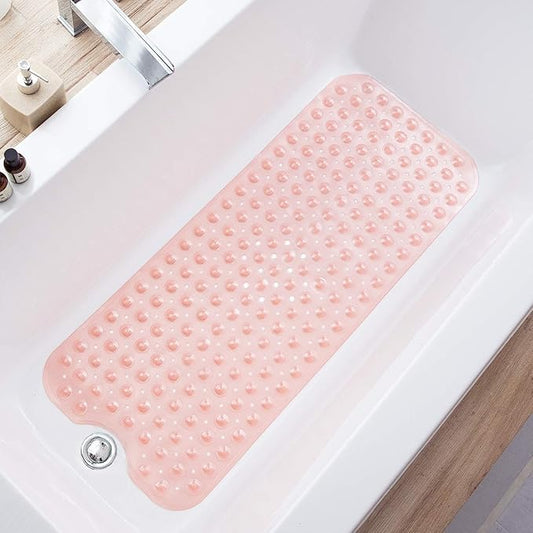 TEESHLY Bathtub Mats for Shower Tub, Extra Long Non-Slip 39 x 16 Inch Bath Mat with Drain Holes and Suction Cups, BathMat for Bathroom with Machine Washable (Clear Coral Pink)