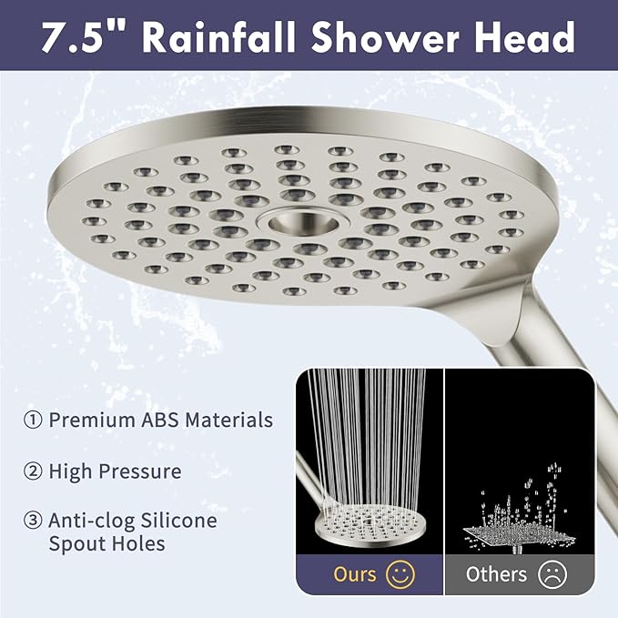 HOWUWEY Dual Shower Heads with Handheld Spray Combo, 7.5" High Pressure Rainfall Showerhead, Double Shower Heads with Handheld Spray, 9 Modes Hand Showerhead with 79" Hose (Standard, Brushed Nickel)