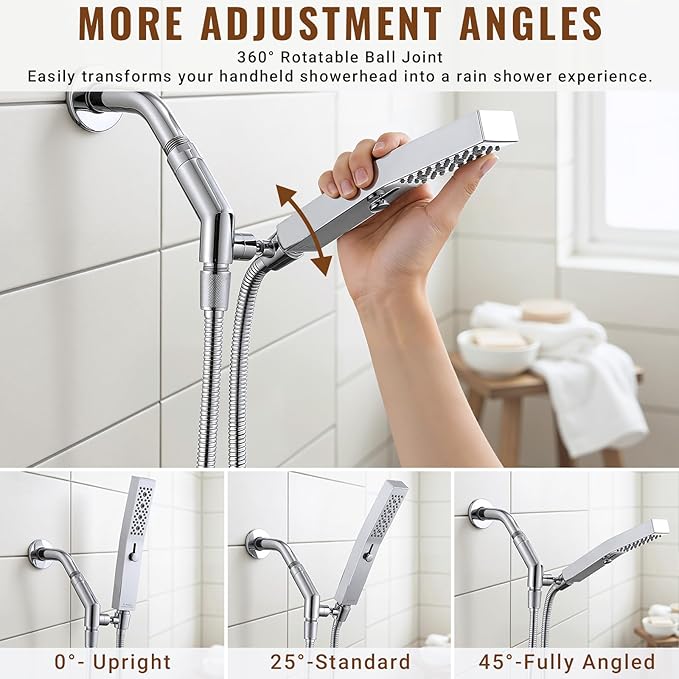 G-Promise All Metal Handheld Shower Head Holder with Extra-Wide Adjustable Angle Range, Solid Brass Shower Wand Bracket with Pivot Ball, Universal Bathroom Part Replacement (Chrome)