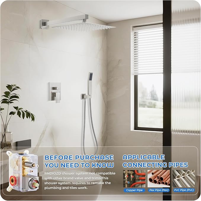 Brushed Nickel Shower Faucet Set, 10 inch Rain Shower System w/Pressure Balance Valve, Wall Mounted 2-Functions Bathroom Shower Systems w/Rain Shower and Handheld Spray Shower Trim Included
