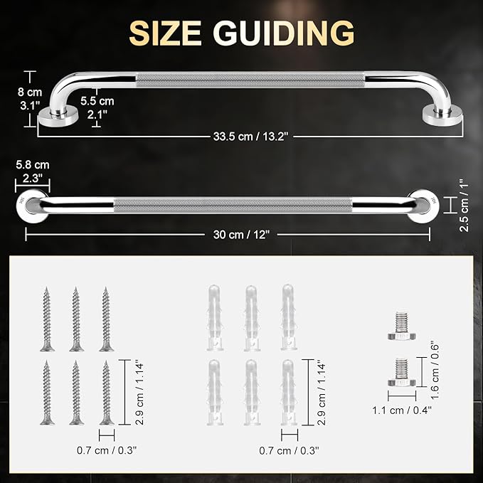 supregear Grab Bars for Bathtubs and Showers, Anti Slip Bathroom Grab Bars for Seniors, 304 Stainless Steel Safety Shower Handle, Toilet Handicap Elderly Assist Bathroom Wall Handle, 12 inch