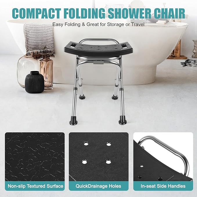 Folding Shower Chair Seat,Height Adjustable Shower Chair Seat,Stainless Eligible Shower Chair for Inside Shower,400lbs Portable Travel Shower Stool,Safety Anti-Slip Bath Chair for Seniors(Black)