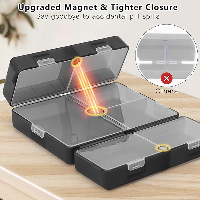 FYY Daily Pill Organizer,2 Pcs 7 Compartments Portable Pill Case Travel Pill Organizer,[Folding Design] Pill Box for Purse Pocket to Hold Vitamins,Cod Liver Oil,Supplements and Medication-Clear Black