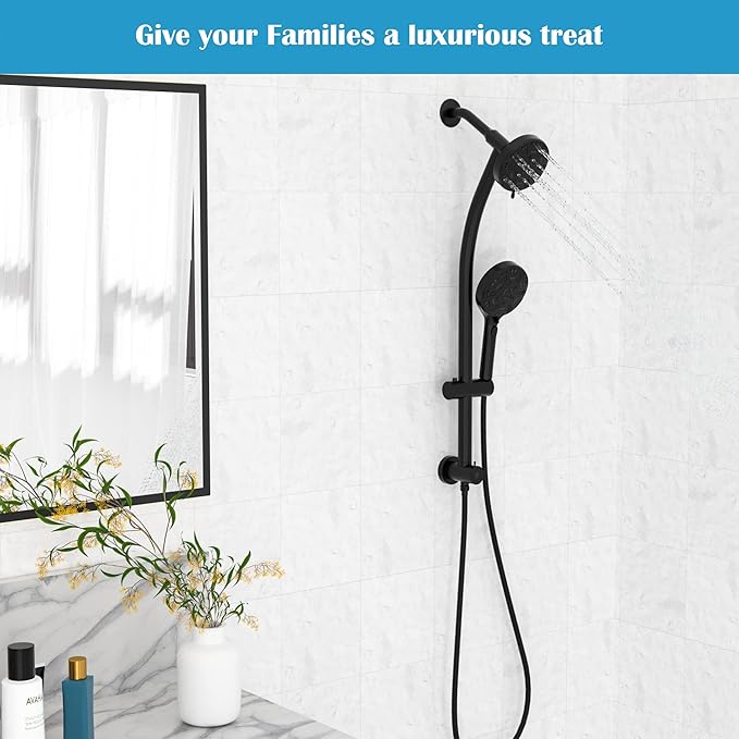 Lordear Black Shower Head Combo,8 Settings High Pressure Double Shower Head Bathroom Dual Shower Head with Handheld Ajustable Sliding Bar, Adjustable Height