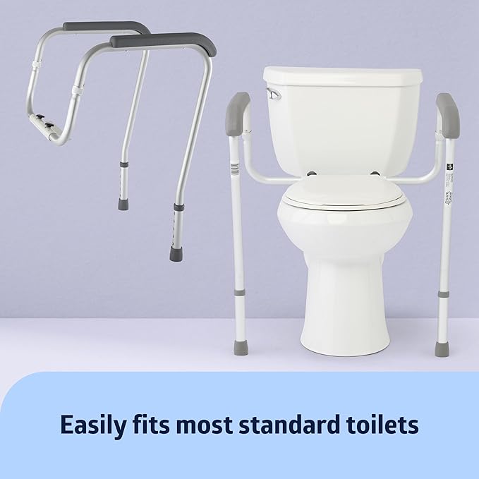 Foldable Toilet Safety Rail with Adjustable Height – Universal Fit for Standard or Elevated Seats – Aluminum Frame, Width Adjustable Armrests, Easy Install Over Toilet – Retail Box