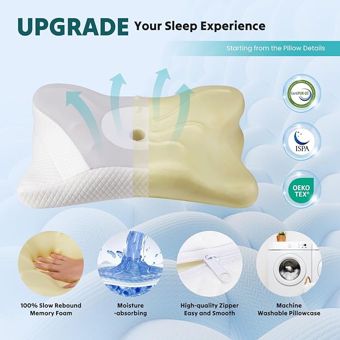 DUMOS Cervical Neck Pillow, Cooling Ergonomic Memory Foam Pillows for Neck Pain Relief with Breathable Pillowcase, Dual Height Orthopedic Support Contour Pillow for Side, Back, Stomach Sleepers, Grey