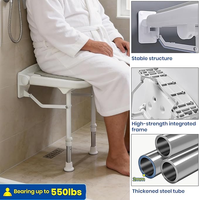 Wall Mounted Shower Seats, Support 550lbs, Adjustable Height Fold Down Shower Seat Wall Mounted, Folding Shower Bench Wall Mounted for Elderly-Adults-Pregnants-Seniors-Disabled