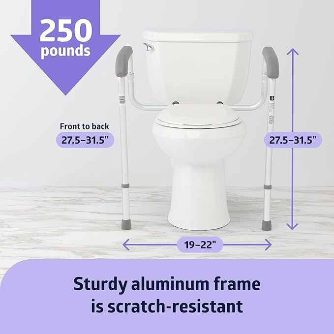 Foldable Toilet Safety Rail with Adjustable Height – Universal Fit for Standard or Elevated Seats – Aluminum Frame, Width Adjustable Armrests, Easy Install Over Toilet – Retail Box