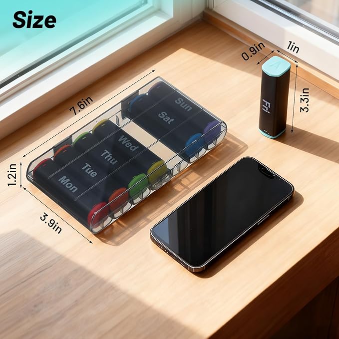 CAidRE Weekly Pill Organizer 2 Times a Day - 7 Day AM PM Pill Box Large Travel Pill Case, Daily Pill Container Dispenser for Vitamins, Supplements, Fish Oils, Medication Storage Pill Holder, Black