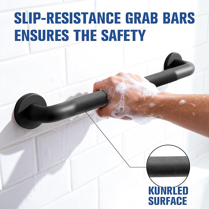 Shower Grab Bar, Anti-Slip Safety Grab Bar for Bathroom Bathtub Toilet 304 Stainless Steel Textured Grip Bath Handle Hand Rail for Elderly (Black, 24" L x 1 1/4" D)