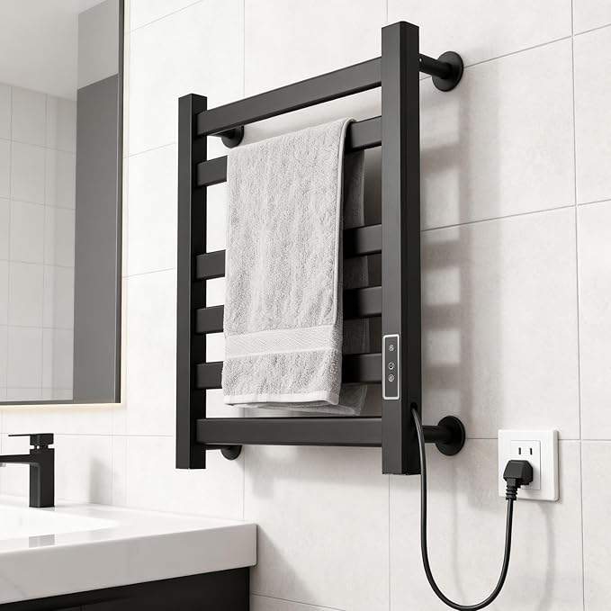 Verida Towel Warmer Rack, Heated Towel Rack for Bathroom, Wall-Mounted Plug (Not Hardwired), Aluminum Alloy, with Timer and Temperature Adjustment, Overheat Protection Function(Medium Black)
