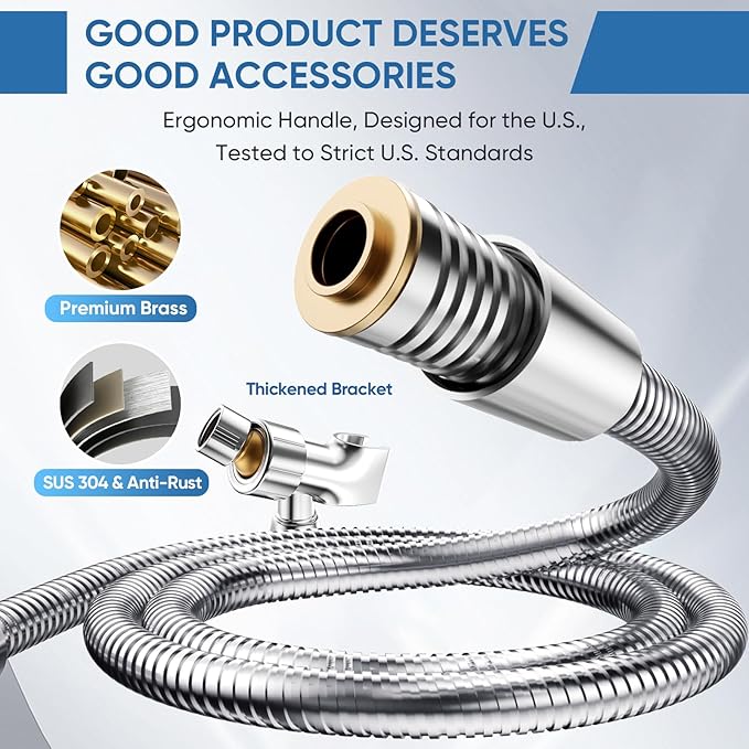 High Pressure Shower Head with Handheld,8 Modes,Heat-Resistant Premium ABS Material,Anti-clog Nozzles,Built-in Power Wash to Clean Tub,Tile & Pets,59″ SUS 304 Hose & Thickened Bracket,Silver