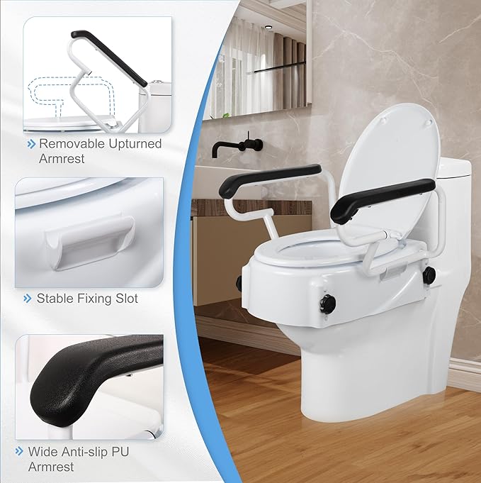 Raised Toilet Seat for Seniors with Flip-up Handles, 5.9" Adjustable Toilet Seat Riser Elevated Medical Supplies & Equipment for Handicap, Elderly, Hip Replacement After Surgery