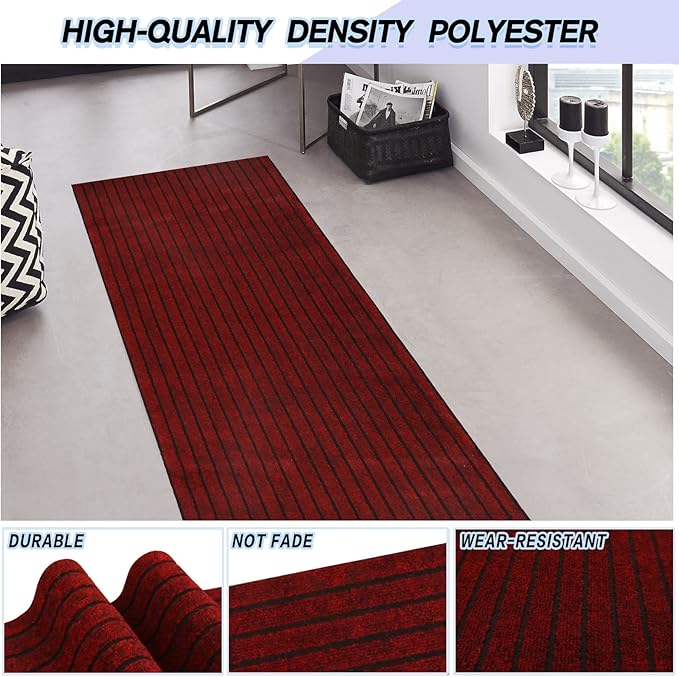 Custom Size Backed Non-Slip Area Rugs Runner, Easy Clean, Waterproof Runner Rugs for Hallway Entryway, Kitchen, Laundry, 4FT x 31FT, Red Stripe